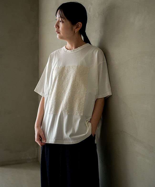 prit(プリット) 40/2天竺×ボタニカル柄レース ワイドTシャツ 5分袖