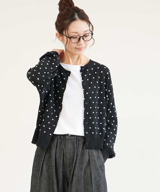 241065]ICHI(イチ) リネンコットンドットカーディガン 水玉 羽織り  