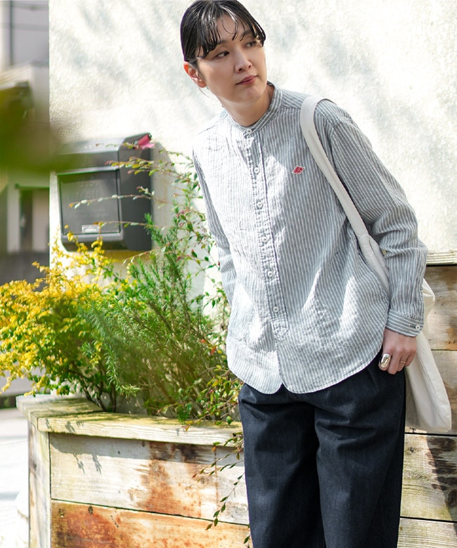 ◇DANTON(ダントン) ストライプリネンバンドカラーシャツ シャツ