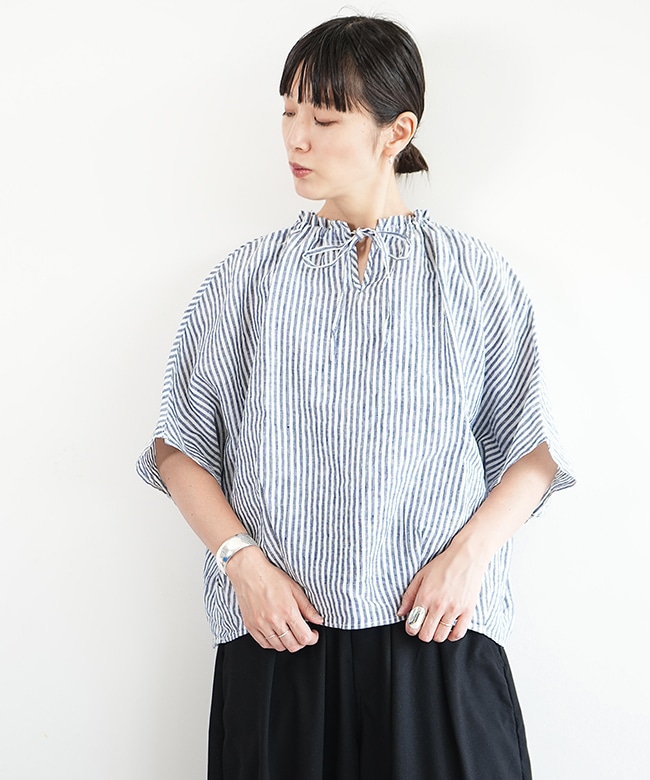 Brocante(ブロカント) リュバンブラウス リネン ストライプ柄 プル