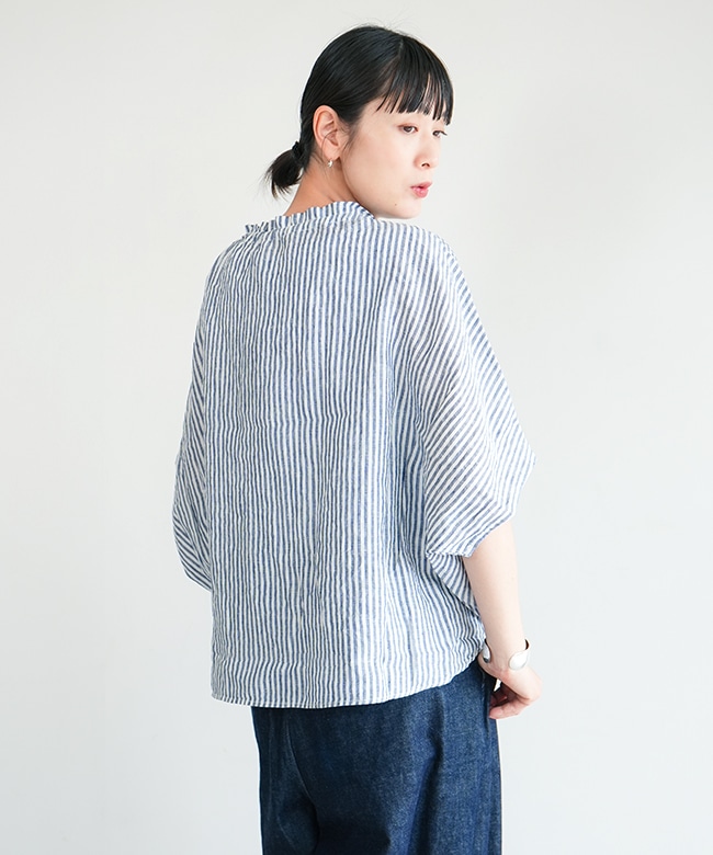 Brocante(ブロカント) リュバンブラウス リネン ストライプ柄 プル