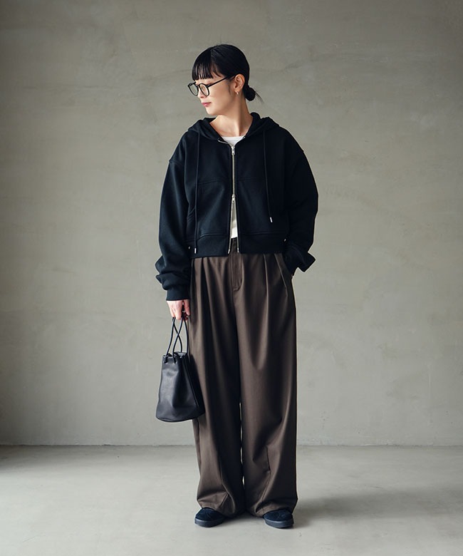 ぽむ　チャコールグレーXS anyfee/大きいサイズ】ウエストゴム多タックワイドパンツ《低身長