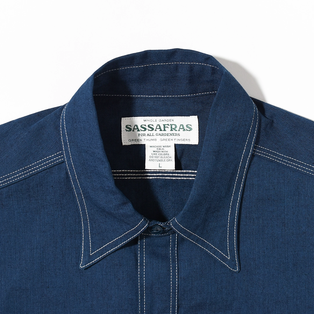 【美品】SASSAFRAS デニムシャツ　半袖　リネン　M 春夏　インディゴ SF-262355]SASSAFRAS(ササフラス) Garender Shirt 1/2 Indigo Chambray