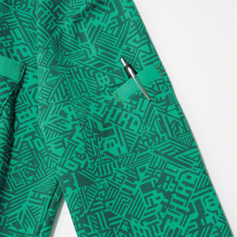 【個性派古着】半袖総柄ポロシャツ タグ付新品　アート柄　麻混　ライトグリーンL 個性派古着】半袖総柄ポロシャツ タグ付新品 アート柄 麻混