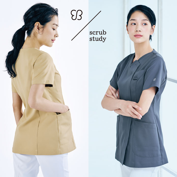 [uka（ウカ）プロデュース] スクラブ 女性らしさ 動きやすさ 着心地をデザイン 前開き 透けにくい 白衣 歯科 クリニック 医療 看護師 サロン エステ おしゃれ かわいい 住商モンブランコラボ 半袖 sm-um500