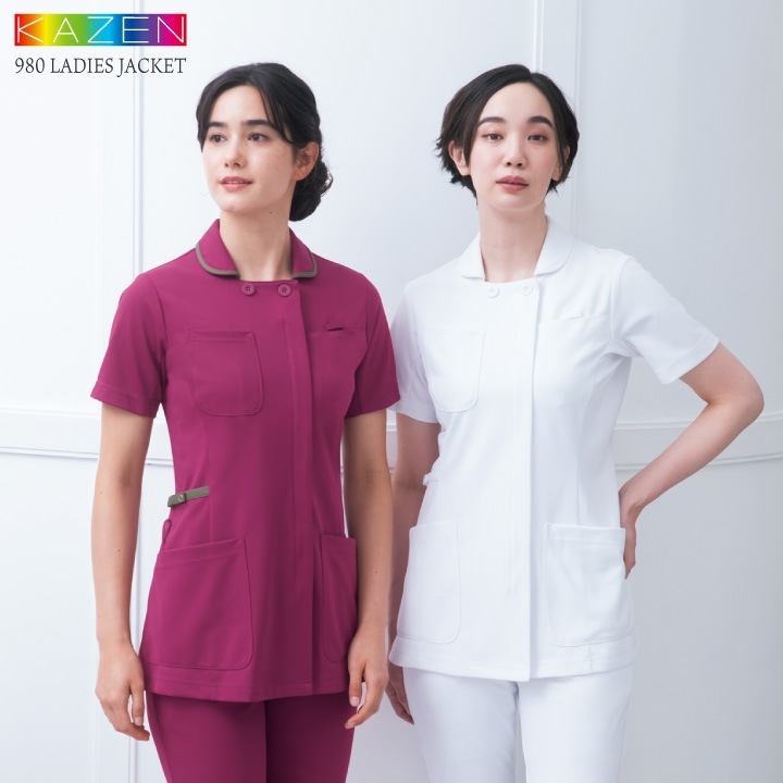 カゼン レディース ジャケット チュニック 白衣 医療 看護師 介護 薬剤師 歯科衛生士 理学療法士 クリニック 病院 整骨院 メディカル 制服 ユニフォーム 大きいサイズ サンアロー KAZEN kz-980