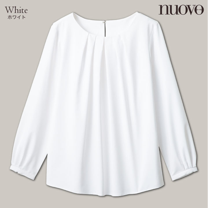 ノーカラーブラウス フロントタック 白無地 長袖 レディース 事務服