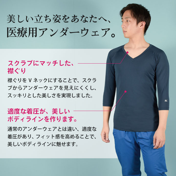 [即日出荷] ミズノ MIZUNO スクラブ インナー スクラブインナーシャツ メンズ アンダーウェア インナーウェア 七分袖 ストレッチ 吸汗 速乾 医療 看護師 介護士 春夏 秋冬  チトセ [ネコポス] ct-mz0135