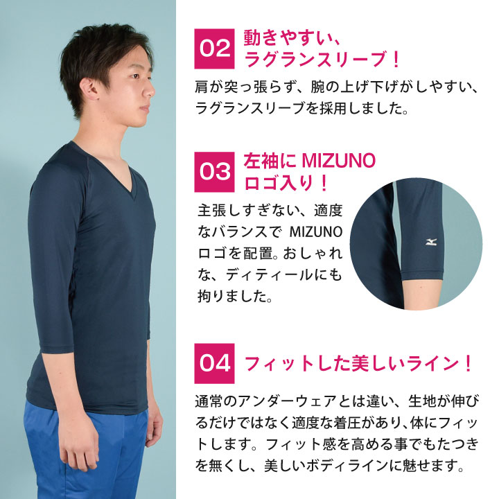 [即日出荷] ミズノ MIZUNO スクラブ インナー スクラブインナーシャツ メンズ アンダーウェア インナーウェア 七分袖 ストレッチ 吸汗 速乾 医療 看護師 介護士 春夏 秋冬  チトセ [ネコポス] ct-mz0135