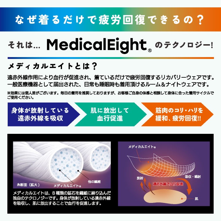 (当店だけの特典付リカバリーウェアで血行促進・疲労回復)メディカルエイト 上下セット 血行促進 疲労回復 一般医療機器 長袖 長ズボン パジャマ メンズ レディース 秋 冬 暖かい おしゃれ ルームウェア 筋肉のハリ コリ緩和 高橋尚子 即納 hr-380830