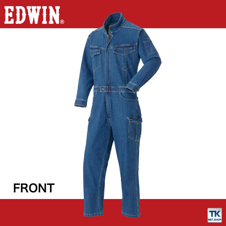 送料無料] 長袖デニムつなぎ服 EDWIN ストレッチ バイオウォッシュ加工