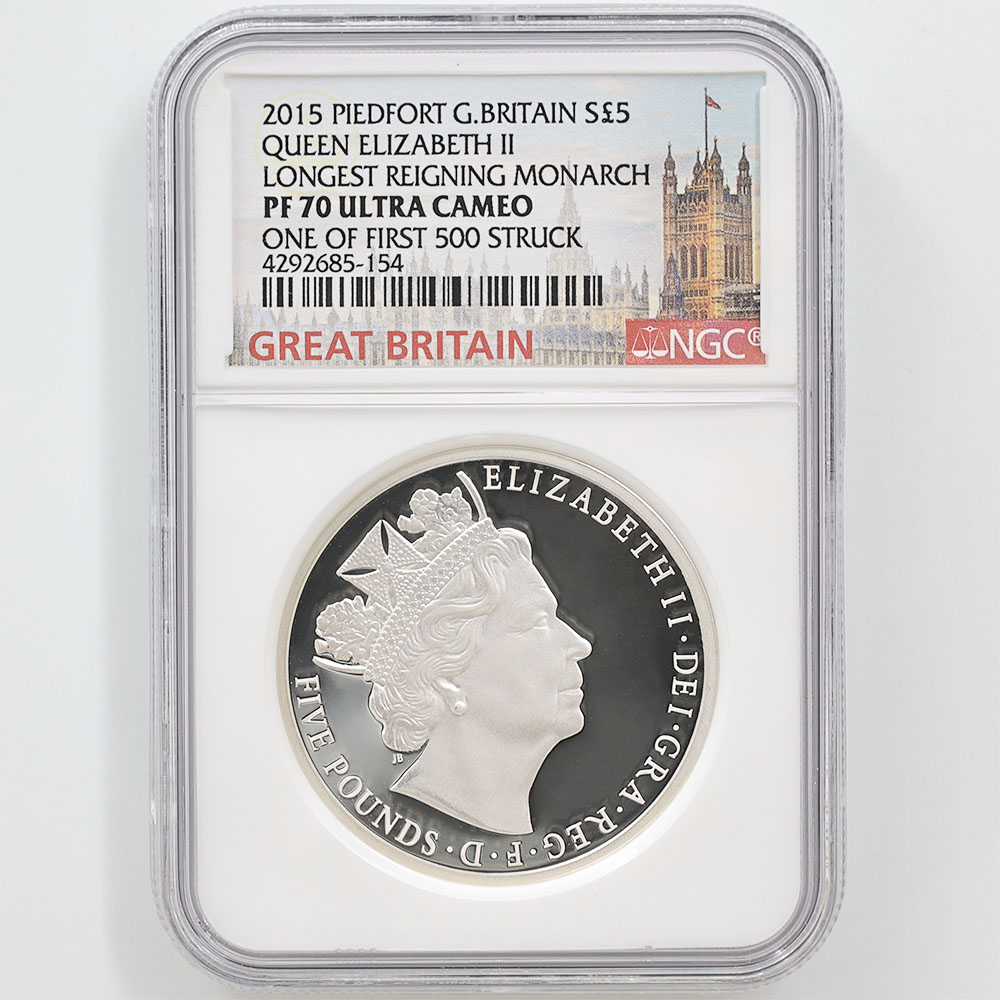 2015 イギリス エリザベス2世女王 最長在位記念 5ポンド 銀貨 2015 エリザベス2世 最長在位記念 5ポンド金貨 NGC PF70UC