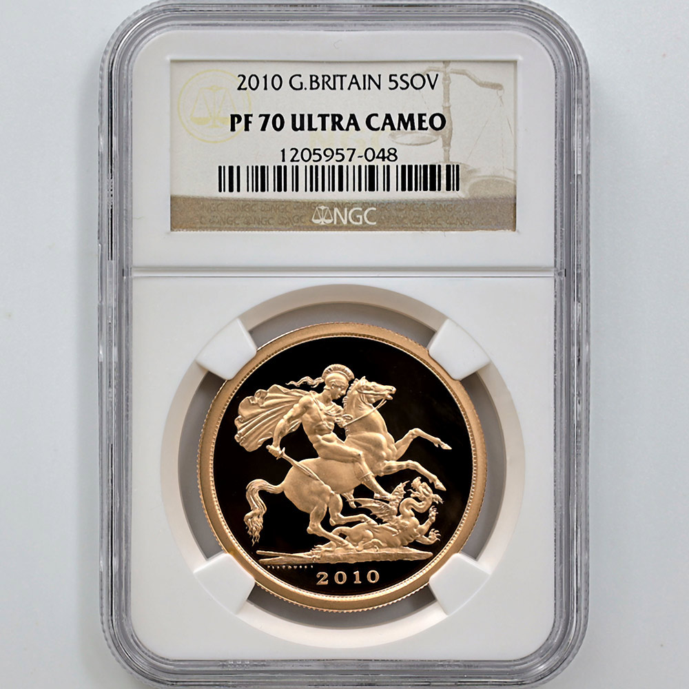 2010 英国 エリザベス2世 ソブリン 5 ポンド 金貨 プルーフ NGC PF 70