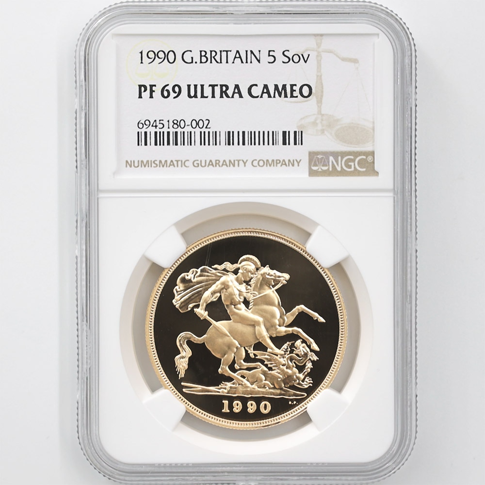 1990 英国 エリザベス2世 ソブリン 5ポンド 金貨 プルーフ NGC PF 69