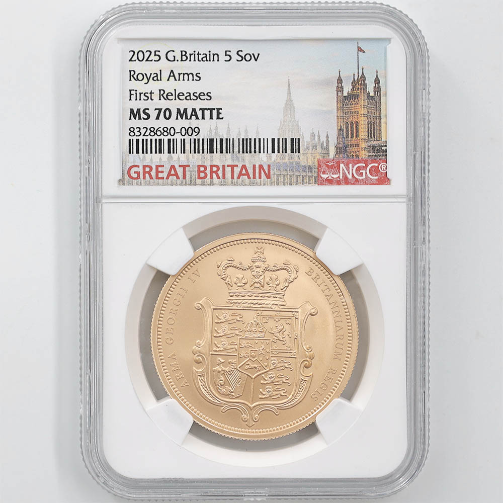 保留中 2025 英国 チャールズ3世 ソブリン 5ポンド 王室紋章 金貨 未