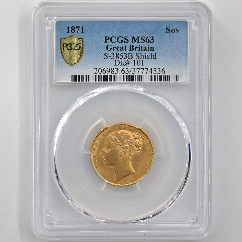 1871 イギリス ヴィクトリア女王 ソブリン金貨 PCGS MS62 1871 英国 ヴィクトリア女王 1ポンド（1ソブリン） 金貨 PCGS MS