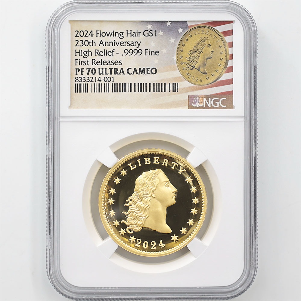 2024 アメリカ ハイレリーフ フローイング・ヘア・ダラー発行230周年 1ドル 金貨 1オンス プルーフ NGC PF 70 UC FR 初鋳版  最高鑑定 元箱付 完全未使用品 | 米国,米国 金貨 | 株式会社世界コイン