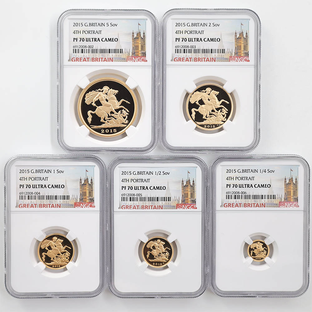 最高鑑定 2015年 イギリス ソブリン金貨 PF 70 委託販売 2015 英国 エリザベス2世 ソブリン 金貨5種 プレミアム