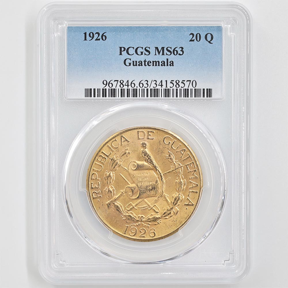 委託販売 1926 グアテマラ ケツァール鳥 20ケツァル 金貨 PCGS MS 63