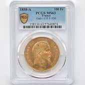 1858A �ե�� �ʥݥ쥪��3�� 100�ե�� ��� PCGS MS 63 ̤������
