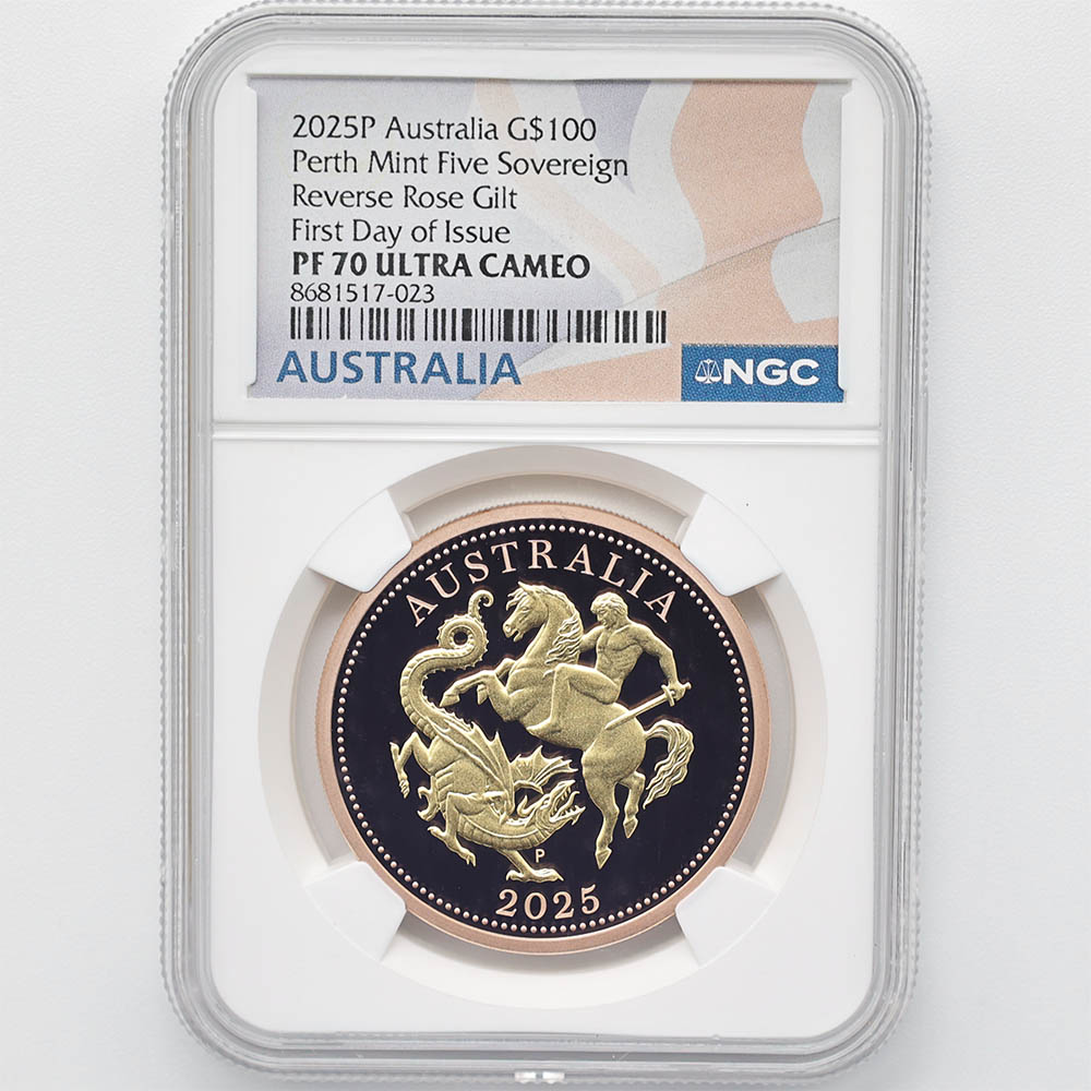 期間限定特別価格 日本独占販売 2025 オーストラリア 聖ジョージ竜退治 5ソブリン 金貨 100豪ドル 金メッキ仕上げ NGC PF 70 UC  FDOI 初鋳版 （初日限定）最高鑑定 元箱付 完全未使用品 | オーストラリア,オーストラリア 金貨 | 株式会社世界コイン