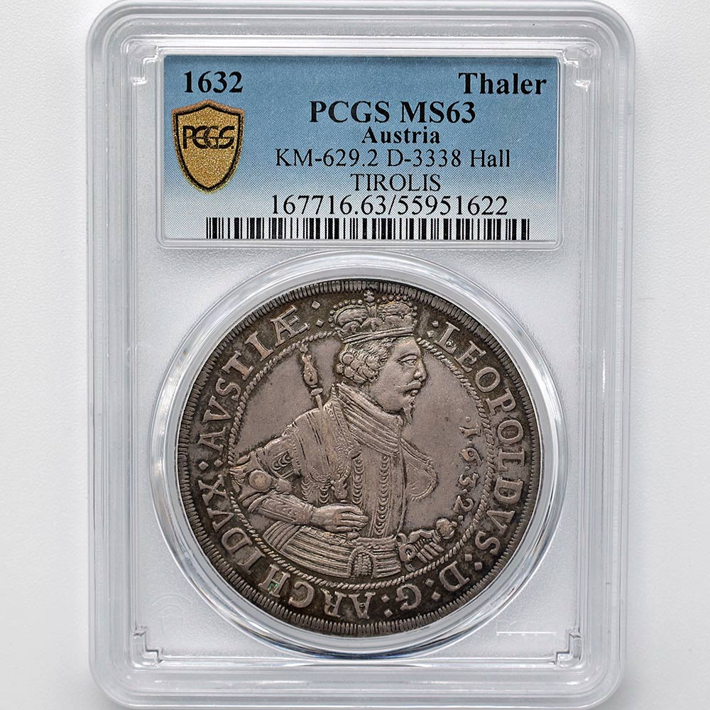 1632 オーストリア ハル レオポルト5世 1ターラー 銀貨 PCGS MS 63 未
