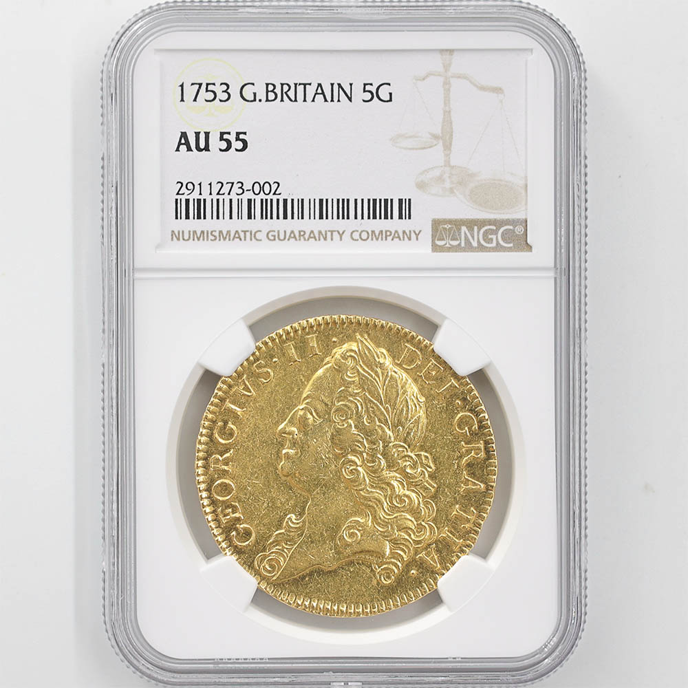 1753 英国 ジョージ2世 5ギニー 金貨 NGC AU 55 極美品 イギリス