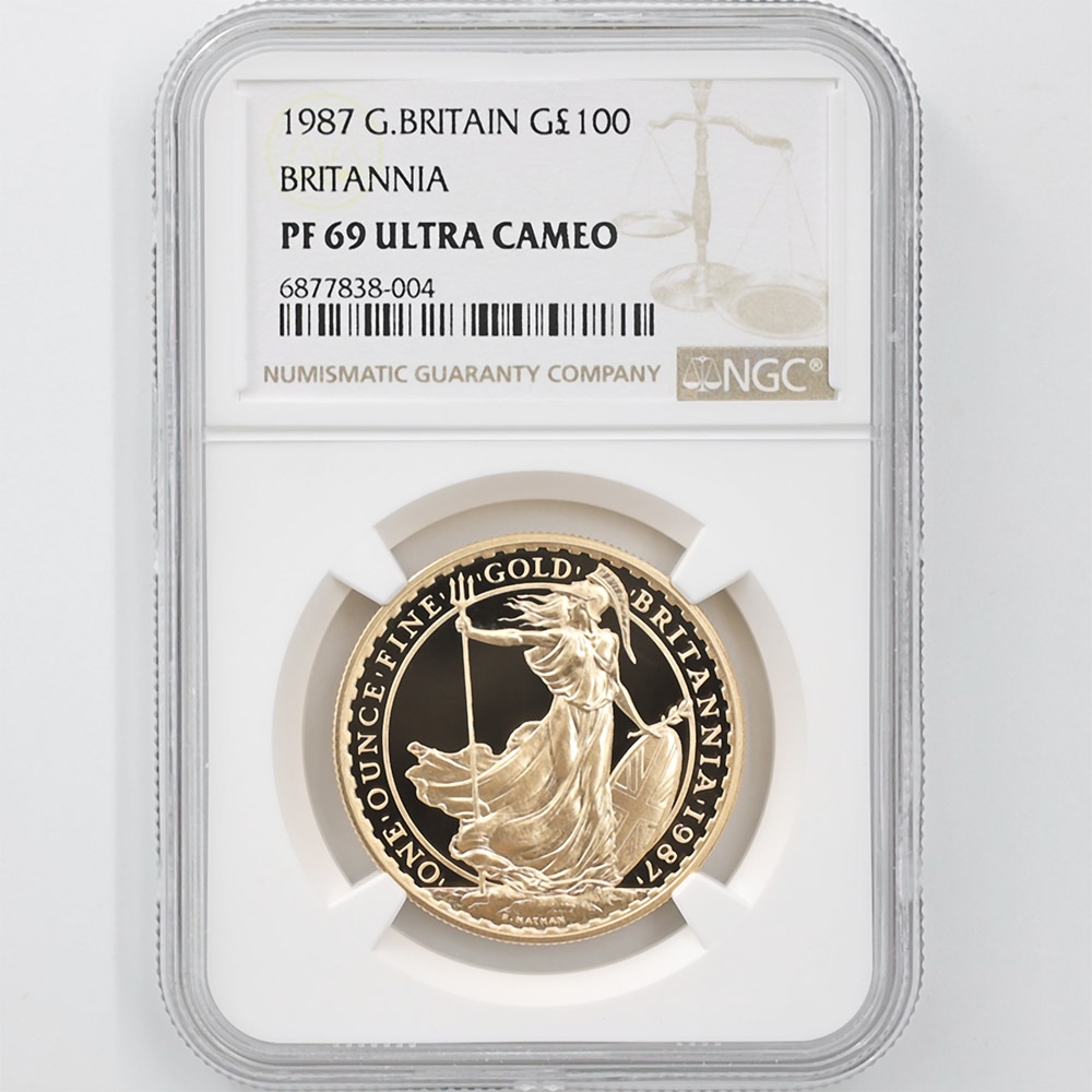 イギリスポンド＊旧硬貨＊100ポンド分 1987 （初年号） 英国 ブリタニア 100ポンド 金貨 プルーフ NGC PF 69