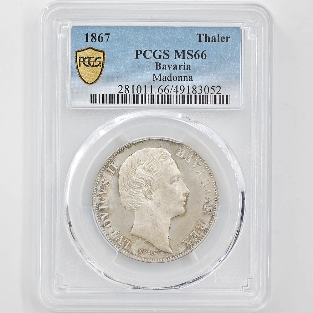 1867 ドイツ バイエルン ルートヴィヒ2世 1ターラー 銀貨 PCGS MS 66
