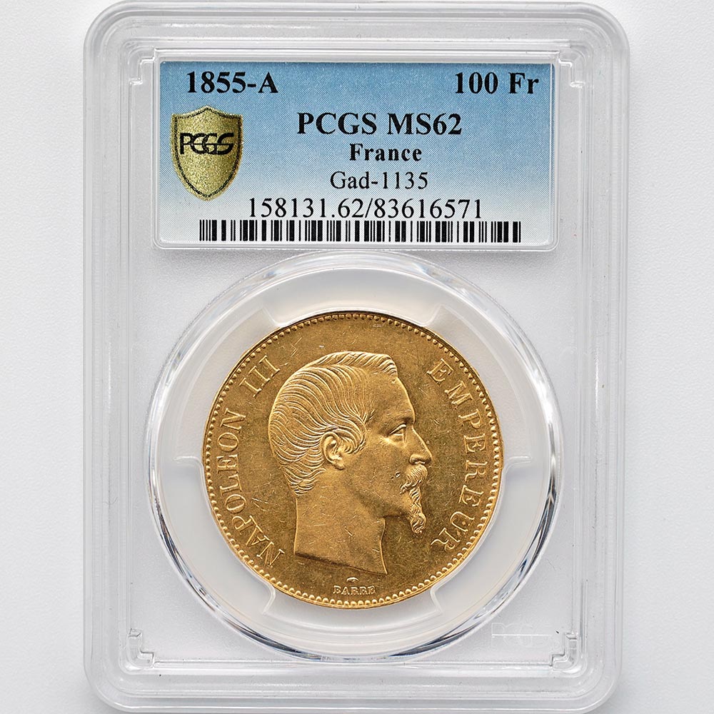 1855A �ե�� �ʥݥ쥪��3�� 100�ե�� ��� PCGS MS 62 ��̤������ 