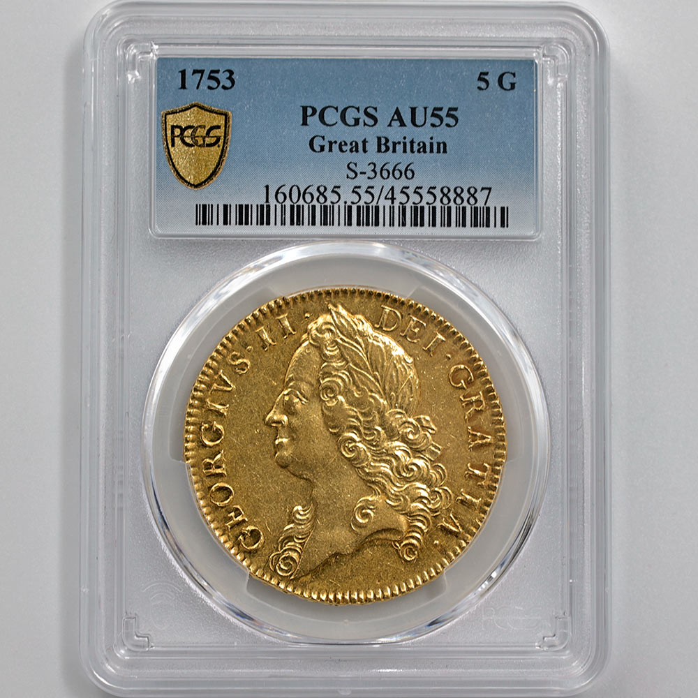 1753 英国 ジョージ2世 5ギニー 金貨 PCGS AU 55 準最高鑑定 極美品