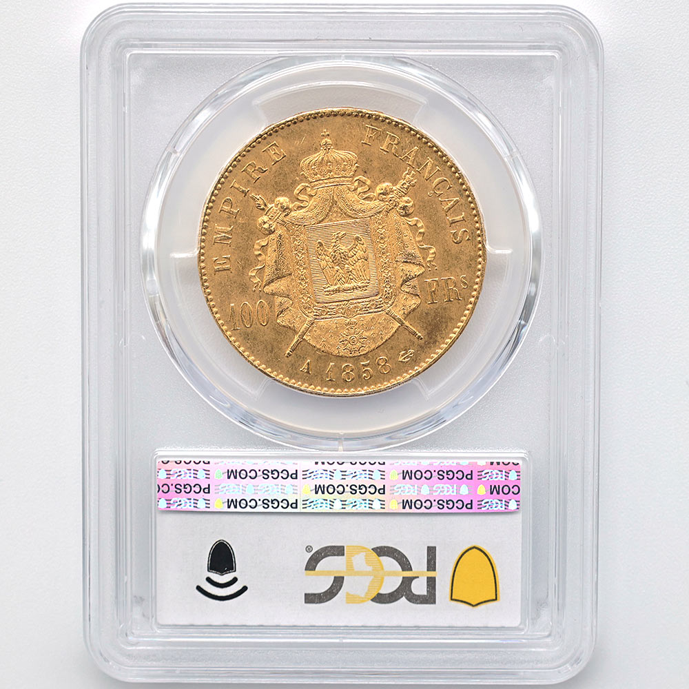 1858A �ե�� �ʥݥ쥪��3�� 100�ե�� ��� PCGS MS 63 ̤������
