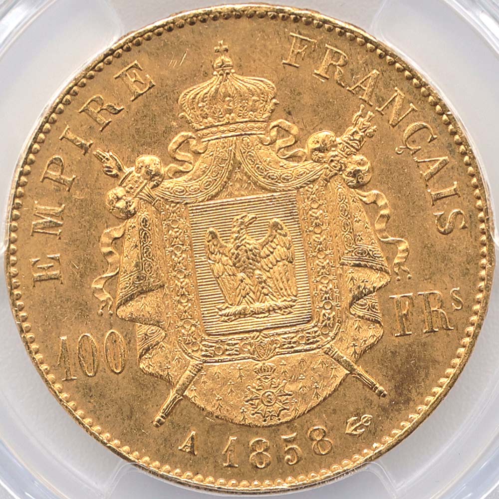 1858A �ե�� �ʥݥ쥪��3�� 100�ե�� ��� PCGS MS 63 ̤������