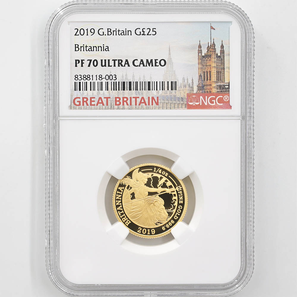 2019 �ѹ� �֥꥿�˥� 25�ݥ�� ��� 1/4���� �ץ롼�� NGC PF 70 UC �ǹ���� ����̤������