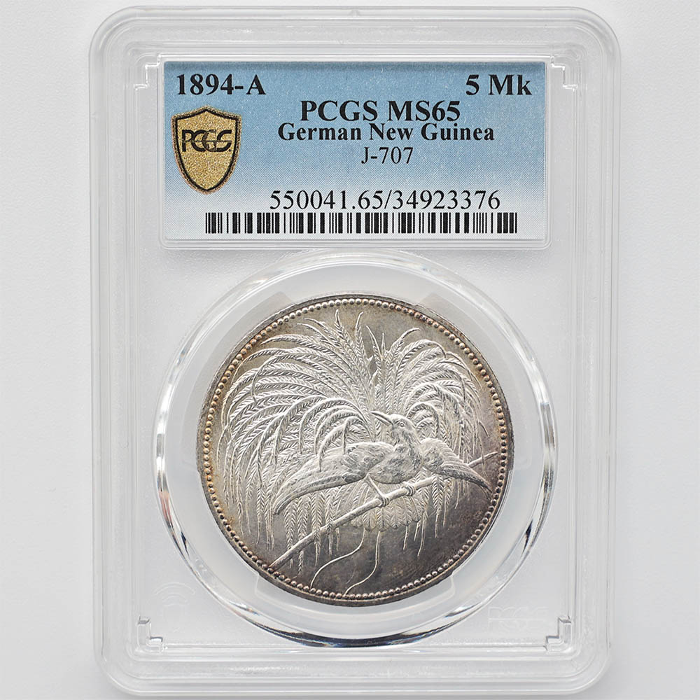 保留中 1894 ドイツ領ニューギニア 極楽鳥 5マルク 銀貨 PCGS MS 65 未
