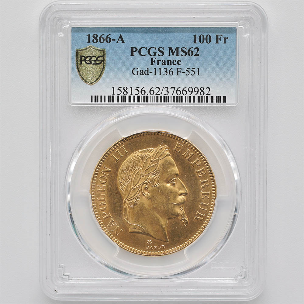 �������� 1866A �ե�� �ʥݥ쥪��3�� 100�ե�� ��� PCGS MS 62 ��̤�����ʡڥݥ���ȡ������ݥ������оݳ���