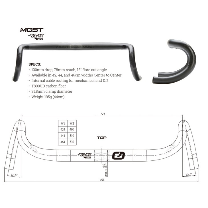 MOST(モスト) JAGUAR GR カーボン(31.8) 46(C-C) MOST JAGUAR GR カーボン バークランプ径：31.8mm ドロップハンドル