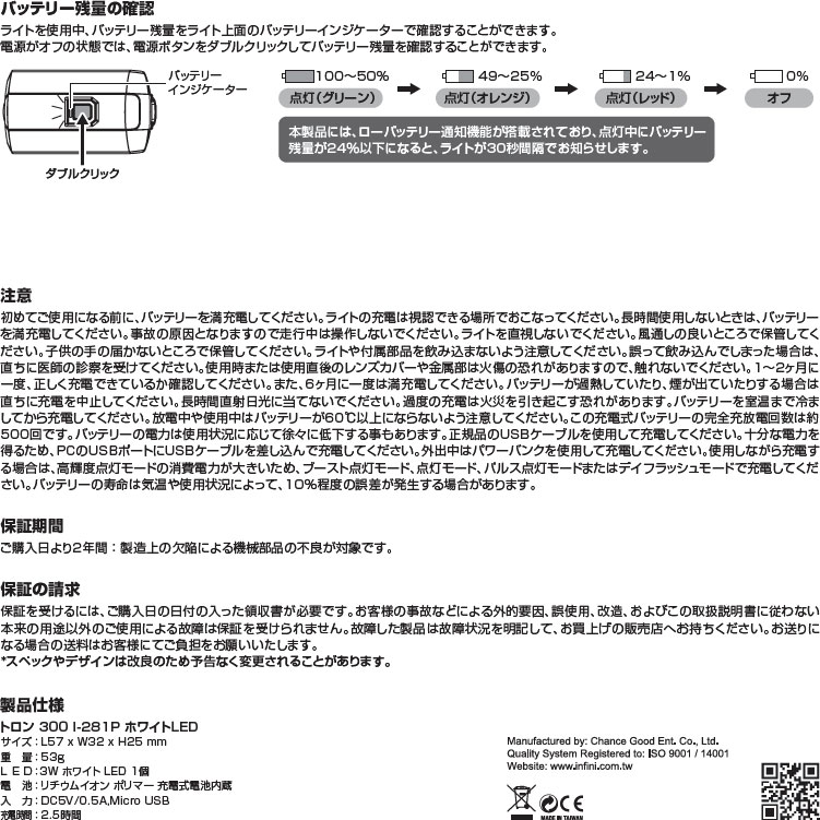 インフィニ トロン 300 I-281P ホワイトLED USB充電 ヘッドライト