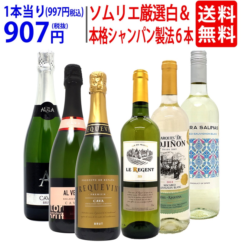 ワイン ワインセット ソムリエ厳選白＆本格シャンパン製法入り６本セット 送料無料 飲み比べセット ギフト 白3本+泡3本 スパークリング 大人気 ^W0NW84SE^