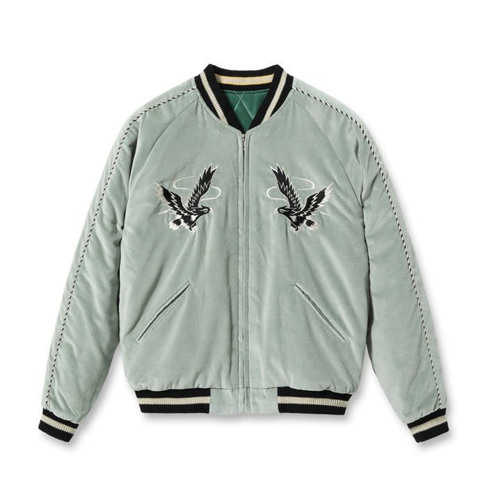 TT15544-141 / Mid 1950s Style Velveteen Souvenir Jacket BLACK EAGLE  JAPAN MAP 