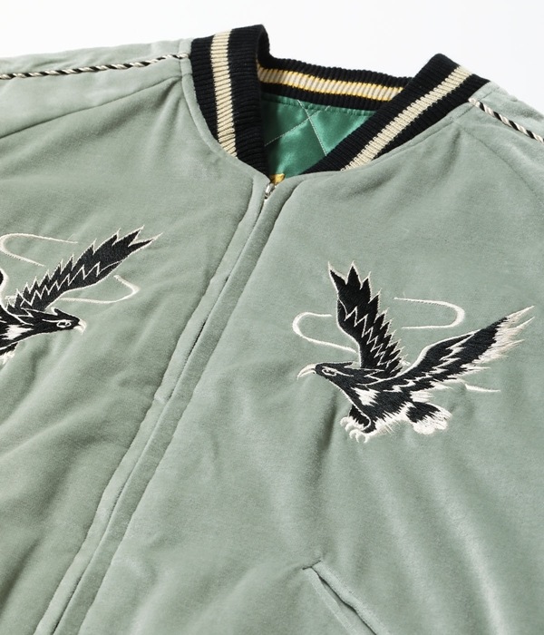 TT15544-141 / Mid 1950s Style Velveteen Souvenir Jacket BLACK EAGLE  JAPAN MAP 