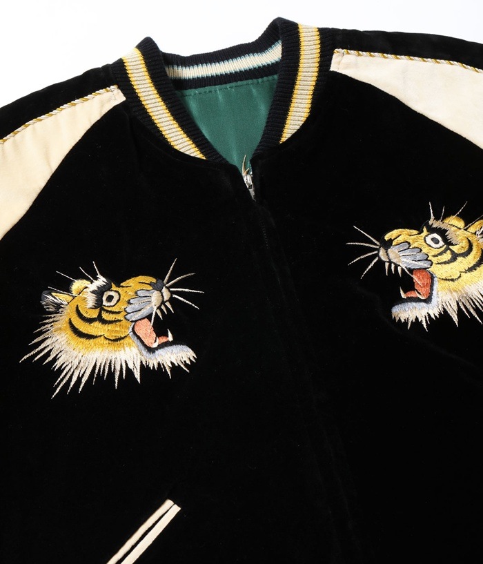 Lot No. TT15795-119 / Mid 1950s Style Velveteen (Two-tone) �� Acetate Souvenir Jacket ��TIGER HEAD�� �� ��GOLD DRAGON��