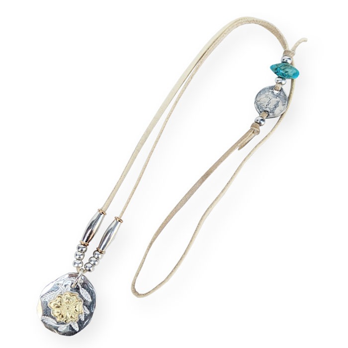 NL-0154 LEAF STAMPED ROSE PENDANT(18K GOLD ACCSENT) MERCURY COIN  COMBINATION NECKLACE