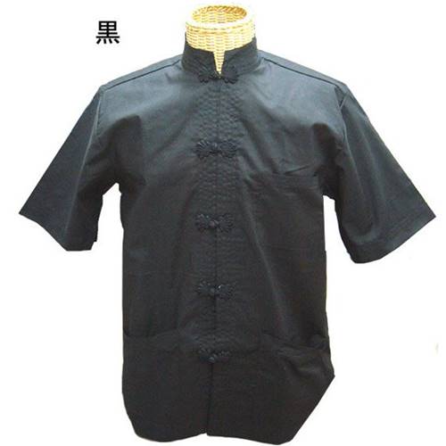 綿製 黒色半袖カンフーシャツ(功夫シャツ)