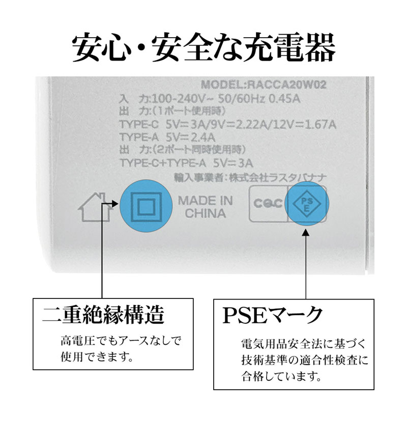�ڥ����� 20%OFF��AC���Ŵ� 2�ݡ��� PD�б� USB Type-C 20W Type-A 2.4A ����� �����б� 2��Ʊ������ �ۥ磻�� RACCA20W02WH �ۥ磻�� RACCA20W02WH