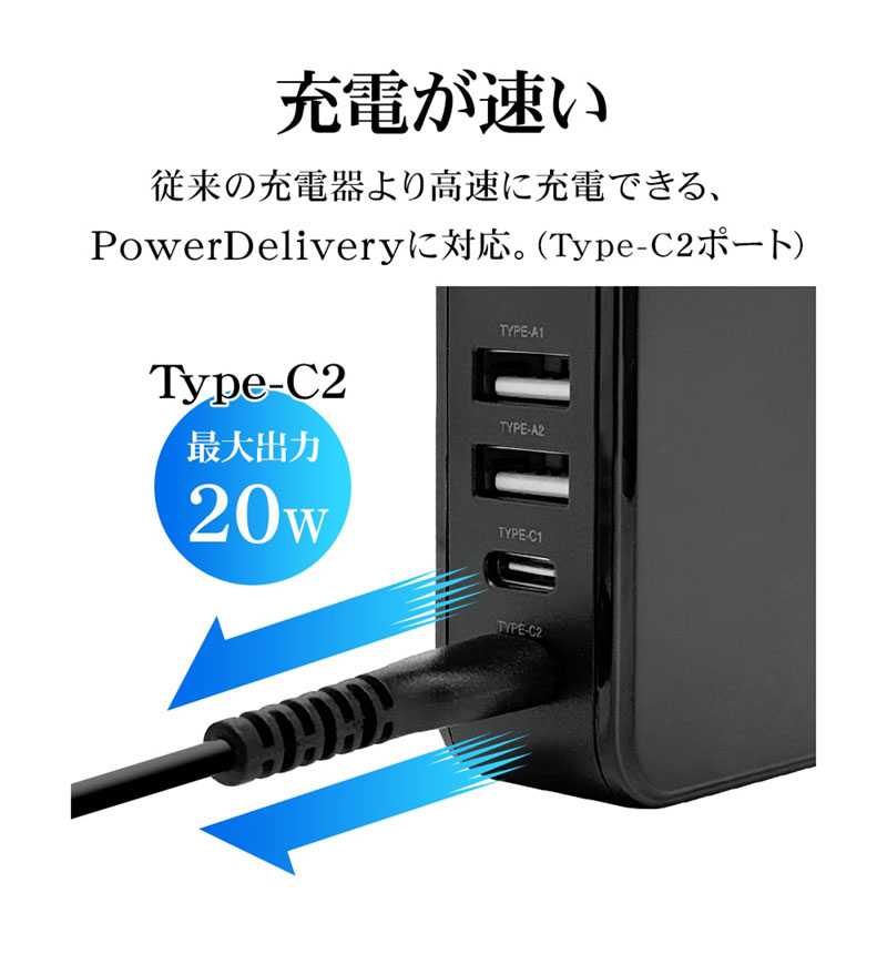 �ڥ����� 30%OFF��USB���Ŵ� 4�ݡ��� 32W PD�б� USB Type-C 20W Type-A 2.4A PD�б� �����б� 4��Ʊ������ �֥�å� RAC2C2A32W01BK