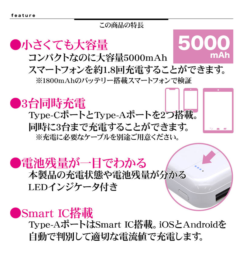 �饹���Хʥ� ���ޥ� ���֥�å� ��Х���Хåƥ꡼ 5000mAh 2.1A USB Type-C Type-A �ۥ磻�� 3��Ʊ������ RLI050M2A02WH �ۥ磻�� RLI050M2A02WH