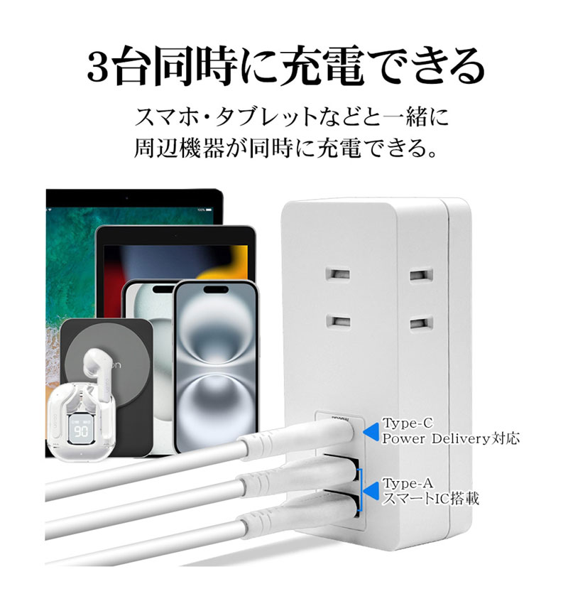 ���Ŵ� AC�����ץ��� AC���Ŵ�  USB�ݡ��� ������C USB Type-C PD �ѥ�ǥ�Х꡼ 20��å� 3���󥻥�� ������A USB Type-A 2�ĸ� 15W �ۥ磻�� iPhone Android R3ACC2A20W01WH �ۥ磻�� R3ACC2A20W01WH