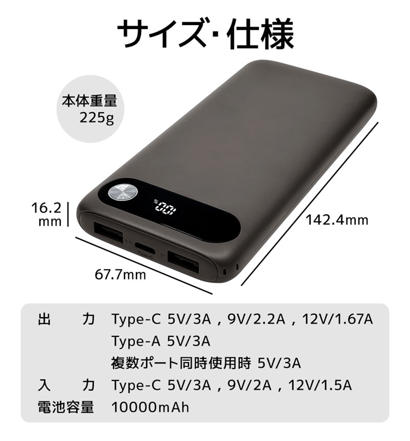 3Cǧ�� ����б�  ��Х���Хåƥ꡼ 10000mAh 3�ݡ��� USB Type-C PD 20W Type-A 15W ������ ���㥳���륰�졼 R3CLI100C20W05CGRY