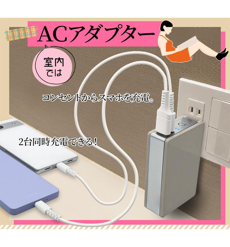 ���Ŵ� AC�����ץ��� AC���Ŵ�  ��Х���Хåƥ꡼ 5000mAh ������C ������A 3A USB Type-C typec Type-A AC �֥롼 RLI050AC3A01BL